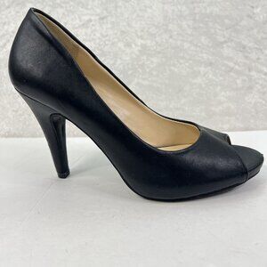 GNW Cassie Black Heels Pumps Shoes Womens 8 Open Toe Faux Leather 4” Heel